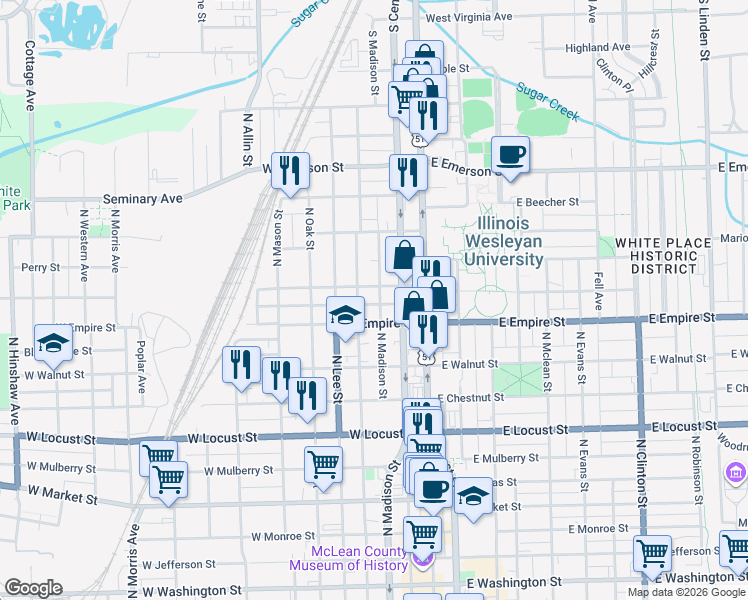 map of restaurants, bars, coffee shops, grocery stores, and more near 1201 North Roosevelt Avenue in Bloomington