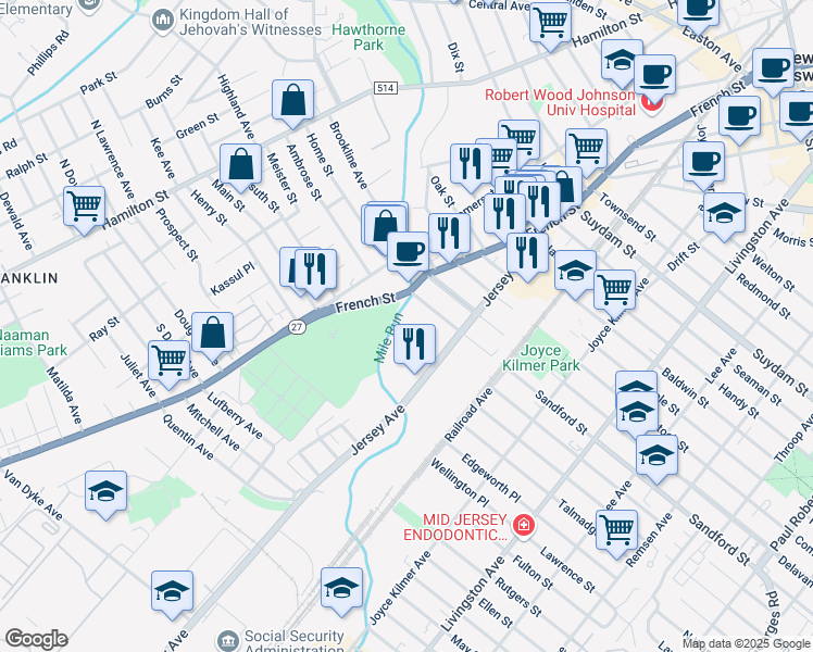 map of restaurants, bars, coffee shops, grocery stores, and more near 254 French Street in New Brunswick