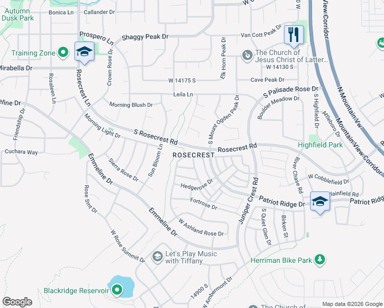 map of restaurants, bars, coffee shops, grocery stores, and more near 14381 Fair Hope Circle in Herriman