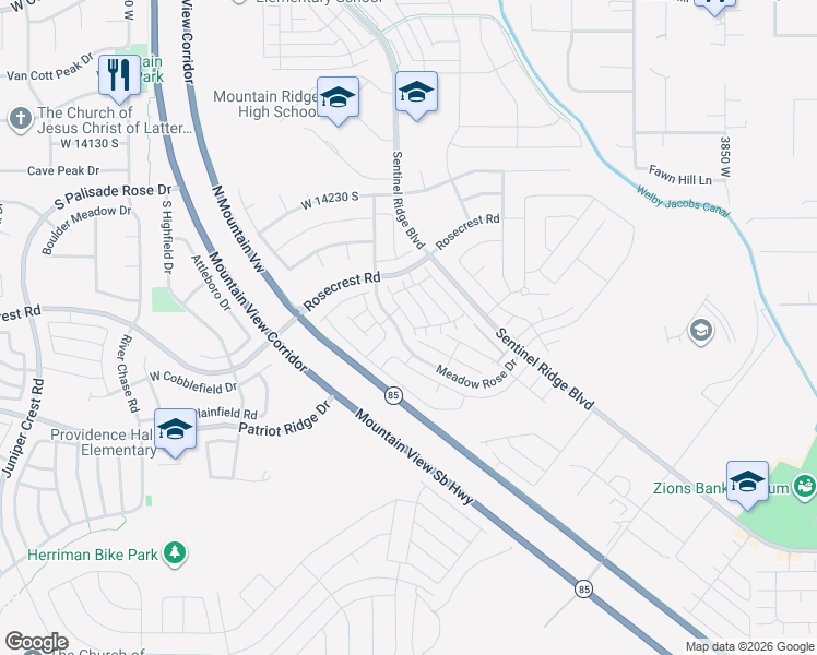 map of restaurants, bars, coffee shops, grocery stores, and more near 14436 South Ferndale Way in Herriman