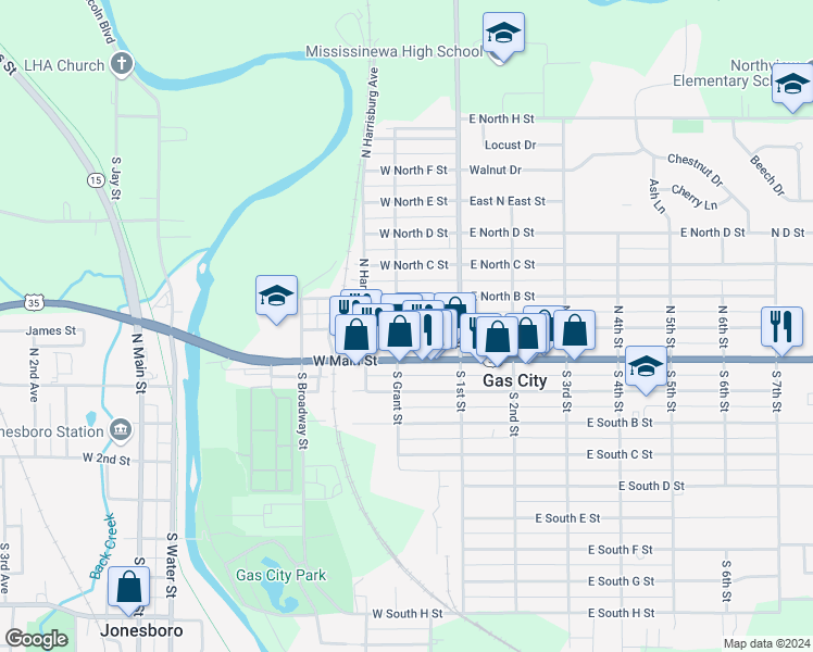 map of restaurants, bars, coffee shops, grocery stores, and more near 210 West North A Street in Gas City