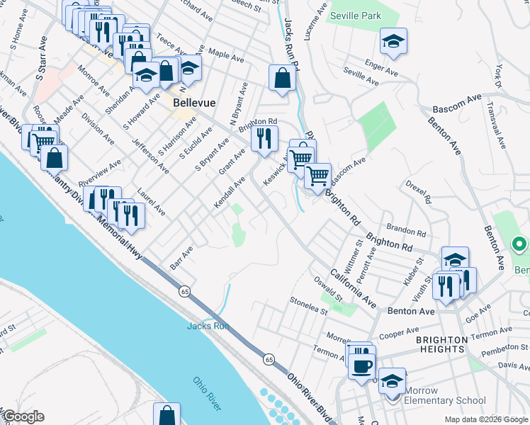 map of restaurants, bars, coffee shops, grocery stores, and more near 5 Burnside Avenue in Pittsburgh