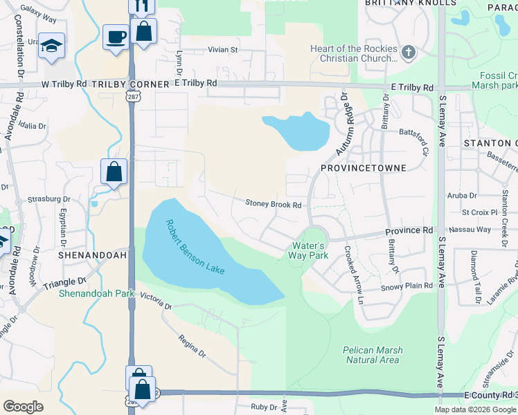 map of restaurants, bars, coffee shops, grocery stores, and more near 408 Stoney Brook Road in Fort Collins