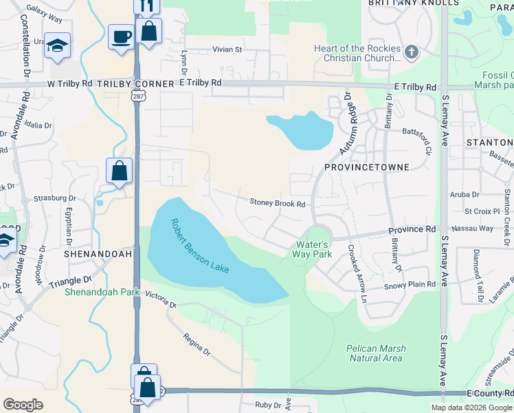 map of restaurants, bars, coffee shops, grocery stores, and more near 403 Stoney Brook Road in Fort Collins