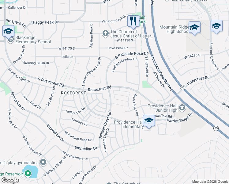 map of restaurants, bars, coffee shops, grocery stores, and more near 14431 West Juniper Crest Road in Herriman