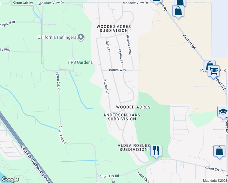 map of restaurants, bars, coffee shops, grocery stores, and more near 6927 Riata Dr in Redding
