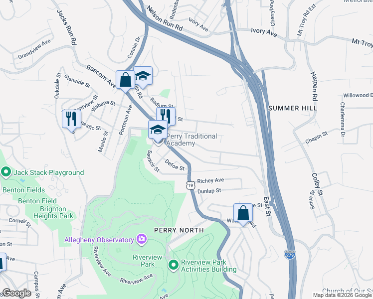 map of restaurants, bars, coffee shops, grocery stores, and more near 3814 Baytree Street in Pittsburgh