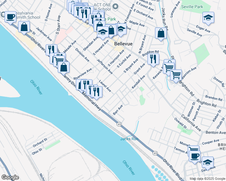 map of restaurants, bars, coffee shops, grocery stores, and more near 148 South Bryant Avenue in Pittsburgh