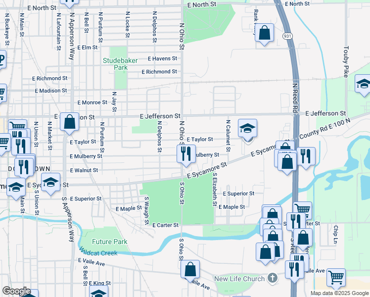 map of restaurants, bars, coffee shops, grocery stores, and more near 1216 East Taylor Street in Kokomo