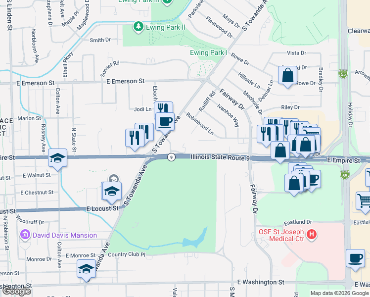 map of restaurants, bars, coffee shops, grocery stores, and more near 1207 Towanda Avenue in Bloomington