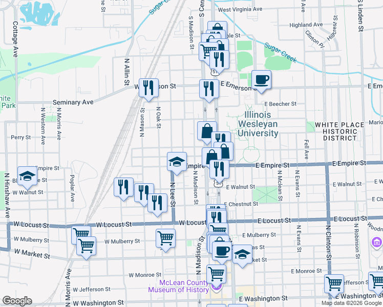 map of restaurants, bars, coffee shops, grocery stores, and more near 1201 North Roosevelt Avenue in Bloomington