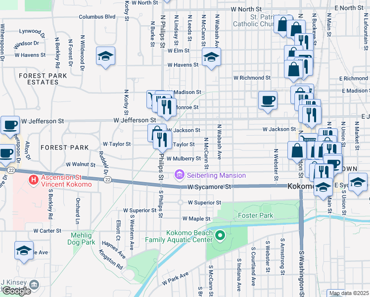 map of restaurants, bars, coffee shops, grocery stores, and more near 1102 W Taylor St in Kokomo