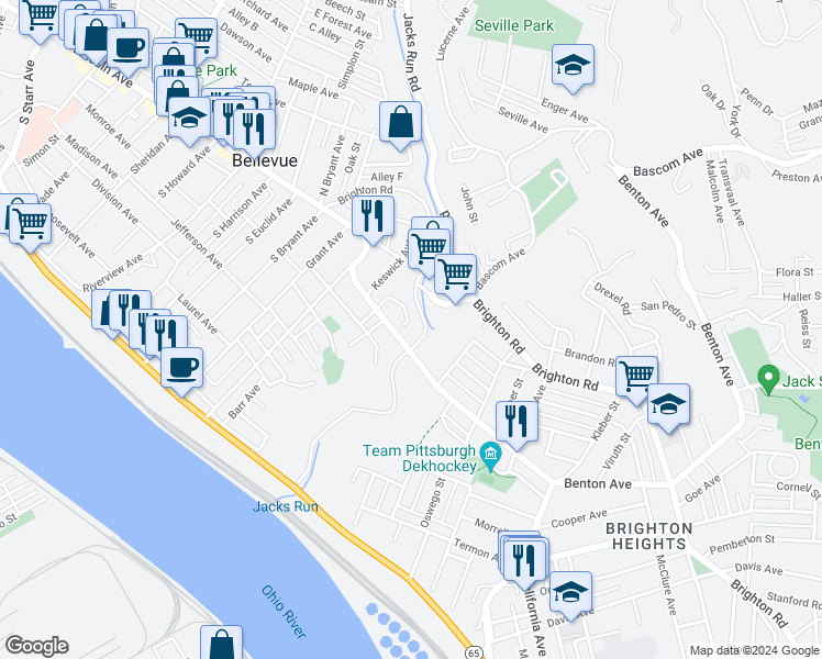 map of restaurants, bars, coffee shops, grocery stores, and more near 14 East Roseridge Street in Pittsburgh