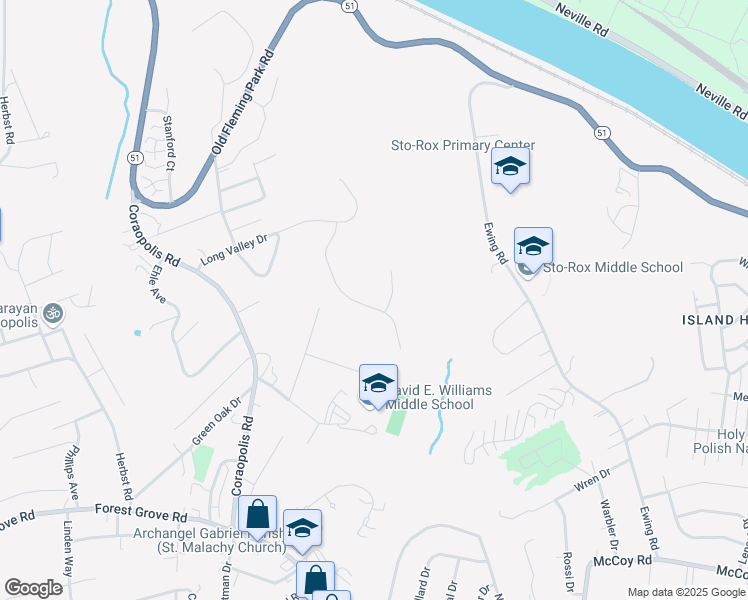 map of restaurants, bars, coffee shops, grocery stores, and more near 241 Long Ridge Drive in Coraopolis