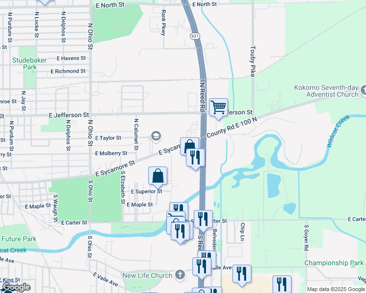 map of restaurants, bars, coffee shops, grocery stores, and more near 1621 East Sycamore Street in Kokomo