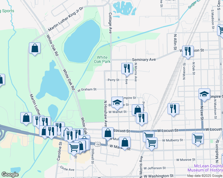 map of restaurants, bars, coffee shops, grocery stores, and more near North Cottage Avenue in Bloomington