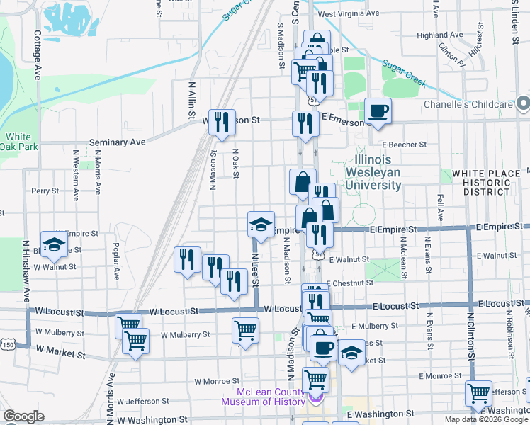 map of restaurants, bars, coffee shops, grocery stores, and more near 1201 North Roosevelt Avenue in Bloomington