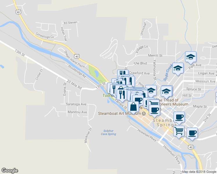 map of restaurants, bars, coffee shops, grocery stores, and more near 1289 Lincoln Avenue in Steamboat Springs