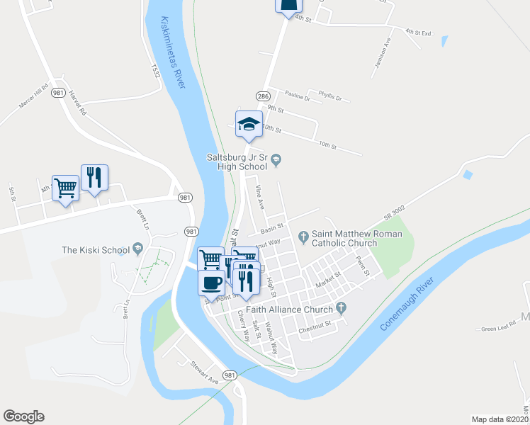map of restaurants, bars, coffee shops, grocery stores, and more near 499 Vine Avenue in Saltsburg