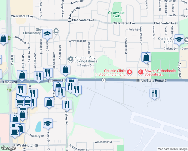 map of restaurants, bars, coffee shops, grocery stores, and more near 1202 Eastport Drive in Bloomington