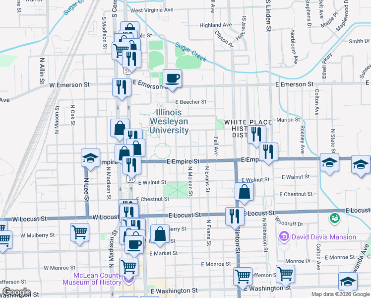 map of restaurants, bars, coffee shops, grocery stores, and more near 1207 North Mclean Street in Bloomington
