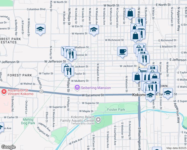 map of restaurants, bars, coffee shops, grocery stores, and more near 1002 West Taylor Street in Kokomo