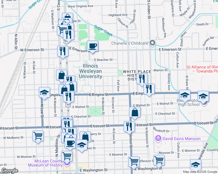 map of restaurants, bars, coffee shops, grocery stores, and more near 1206 North Evans Street in Bloomington