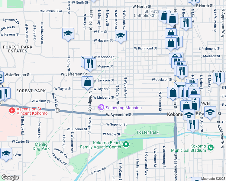 map of restaurants, bars, coffee shops, grocery stores, and more near 1015 West Taylor Street in Kokomo