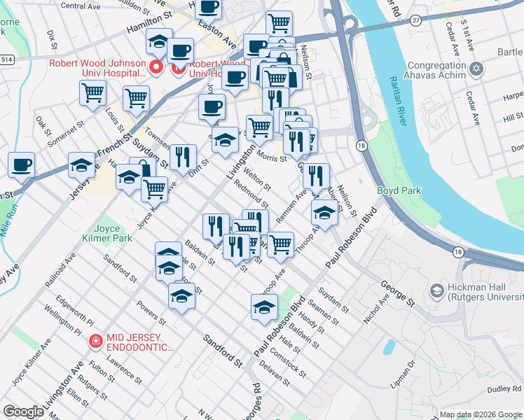 map of restaurants, bars, coffee shops, grocery stores, and more near 16 Lee Avenue in New Brunswick