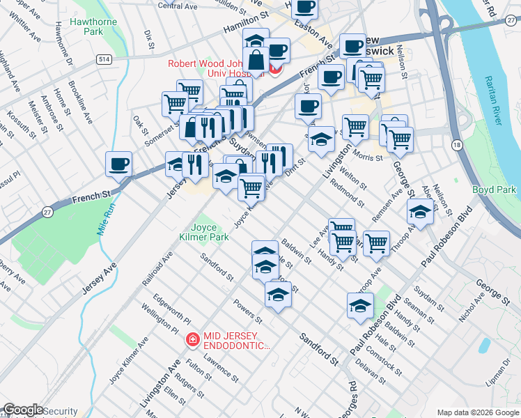 map of restaurants, bars, coffee shops, grocery stores, and more near 95 Joyce Kilmer Avenue in New Brunswick