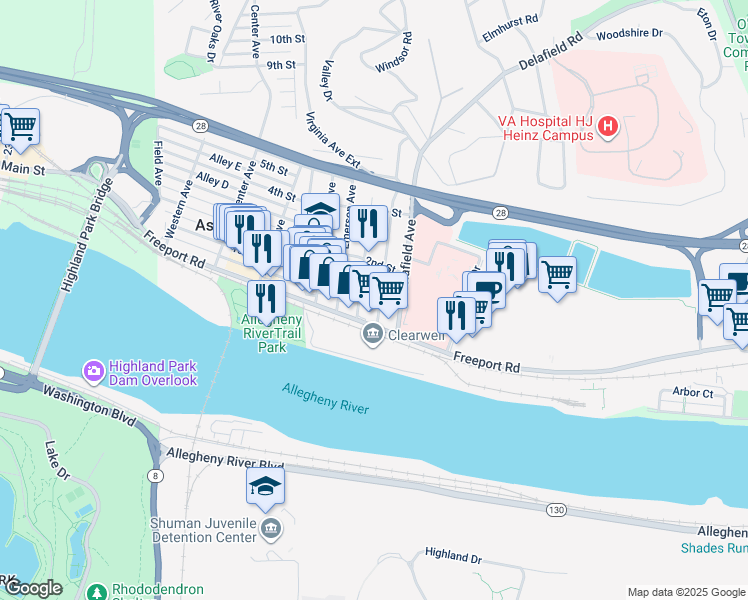 map of restaurants, bars, coffee shops, grocery stores, and more near 122 Virginia Avenue in Sharpsburg