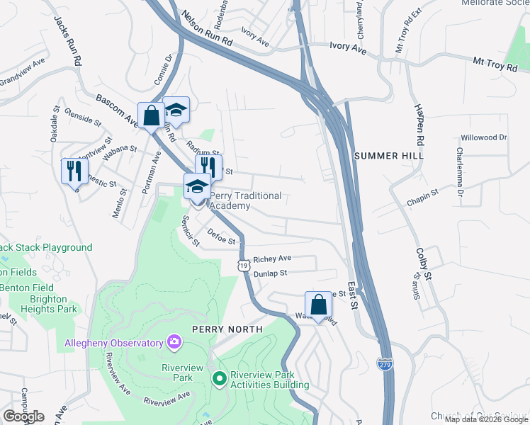 map of restaurants, bars, coffee shops, grocery stores, and more near 223 Bonvue Street in Pittsburgh