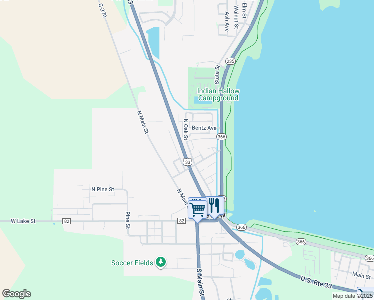 map of restaurants, bars, coffee shops, grocery stores, and more near 385 North Oak Street in Lakeview
