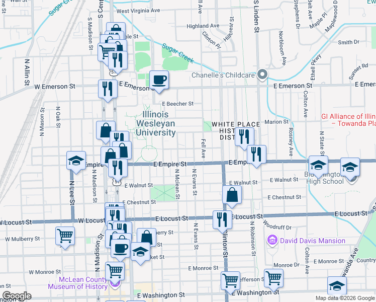 map of restaurants, bars, coffee shops, grocery stores, and more near 1206 North Evans Street in Bloomington