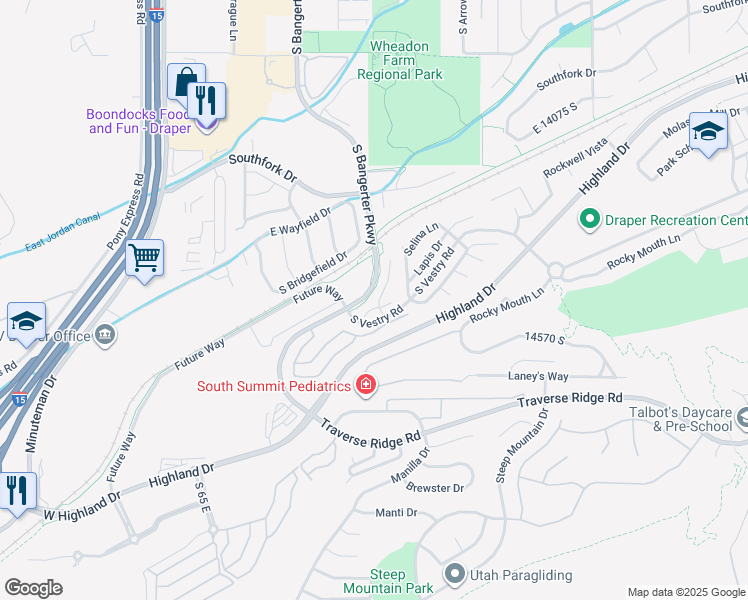 map of restaurants, bars, coffee shops, grocery stores, and more near 14416 South Champ Cove in Draper