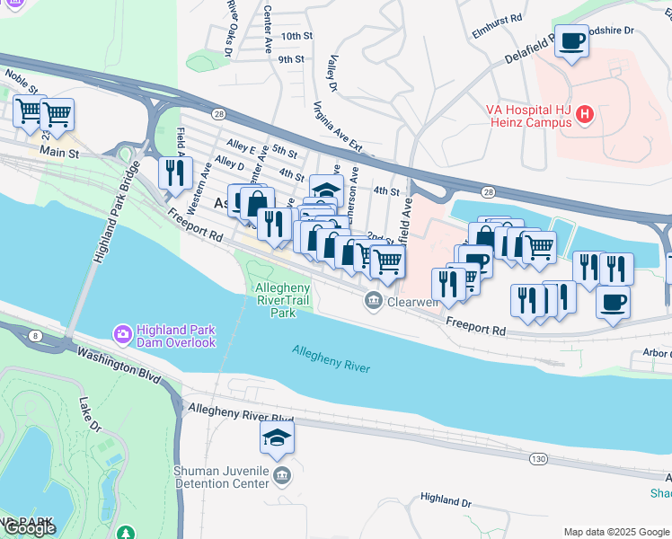 map of restaurants, bars, coffee shops, grocery stores, and more near in Aspinwall