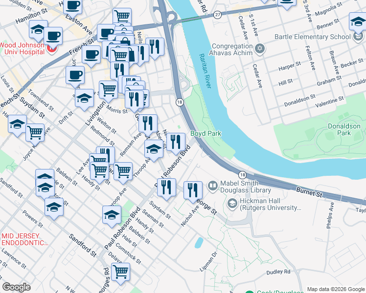 map of restaurants, bars, coffee shops, grocery stores, and more near 33 Paul Robeson Boulevard in New Brunswick