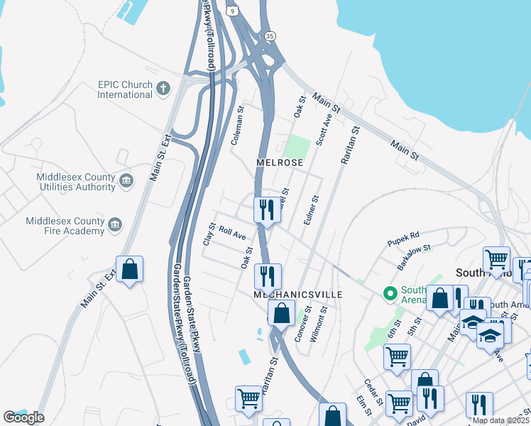 map of restaurants, bars, coffee shops, grocery stores, and more near 9-35 Oak Street in South Amboy