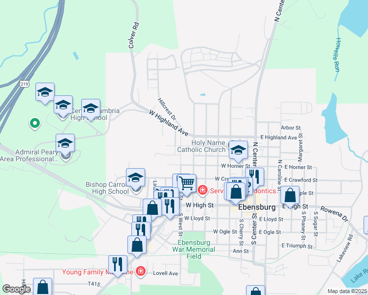 map of restaurants, bars, coffee shops, grocery stores, and more near 601-699 N Spruce St in Ebensburg