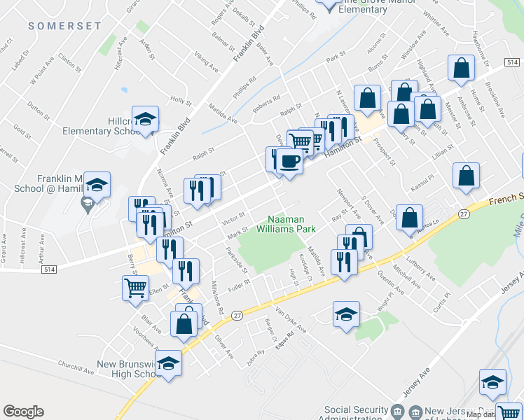 map of restaurants, bars, coffee shops, grocery stores, and more near 129 Victor Street in Franklin Township