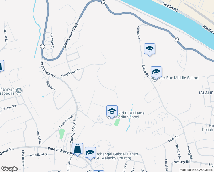map of restaurants, bars, coffee shops, grocery stores, and more near 107 Beechwood Circle in Coraopolis