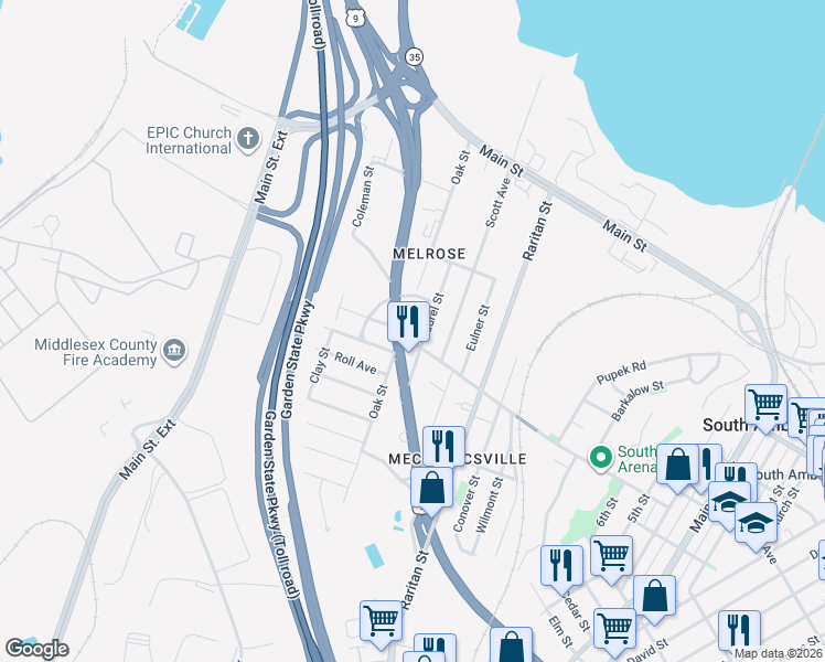 map of restaurants, bars, coffee shops, grocery stores, and more near 9-35 Oak Street in South Amboy