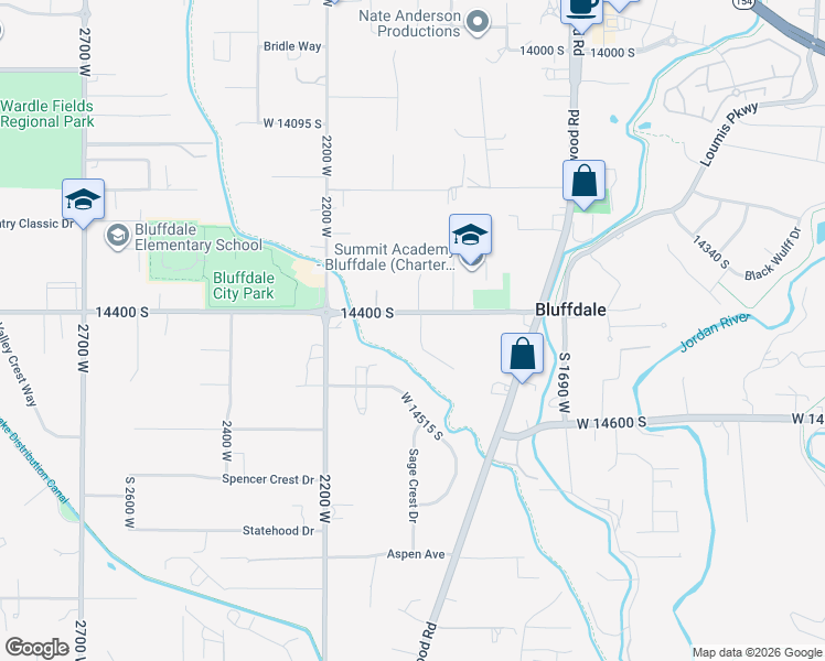 map of restaurants, bars, coffee shops, grocery stores, and more near 2025 West 14400 South in Bluffdale