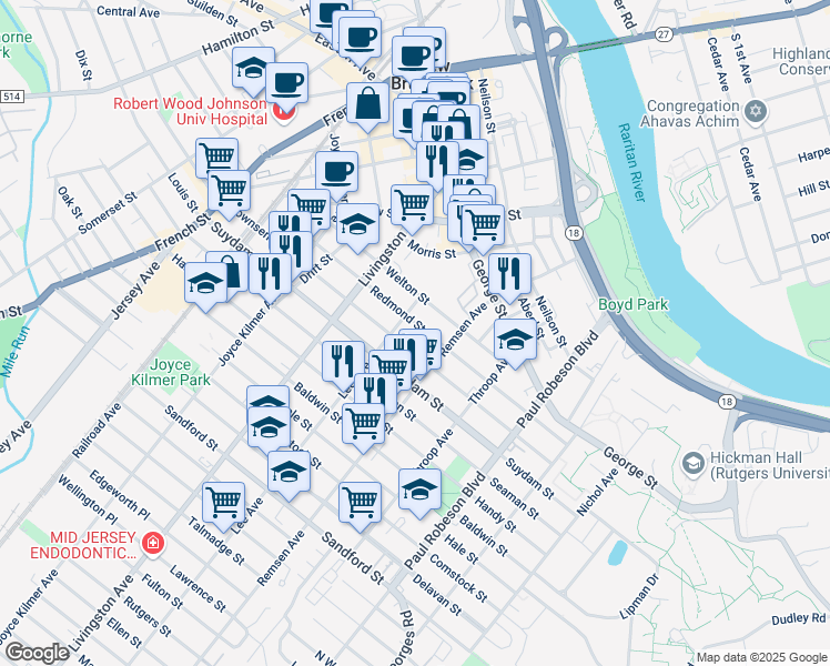 map of restaurants, bars, coffee shops, grocery stores, and more near 16 Lee Avenue in New Brunswick