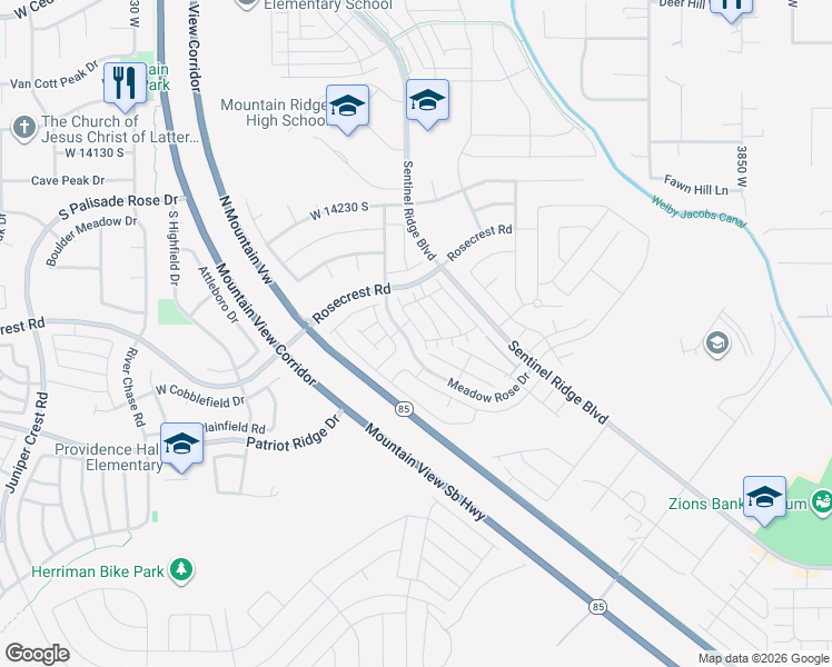 map of restaurants, bars, coffee shops, grocery stores, and more near 14367 South Sherwell Court in Herriman