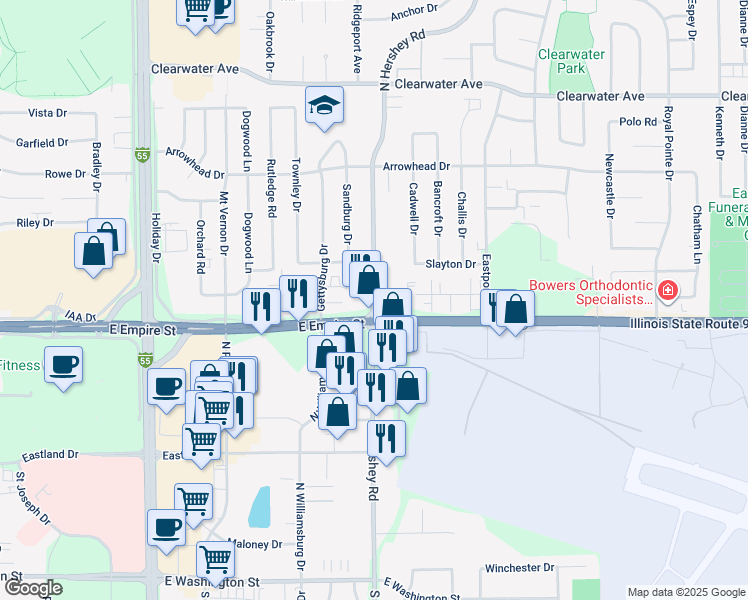 map of restaurants, bars, coffee shops, grocery stores, and more near in Bloomington