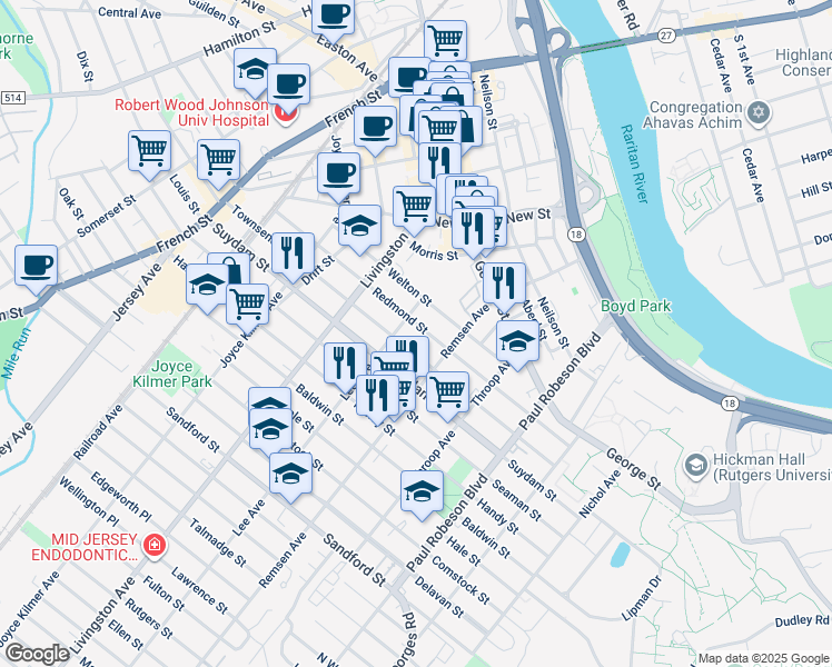 map of restaurants, bars, coffee shops, grocery stores, and more near 16 Lee Avenue in New Brunswick