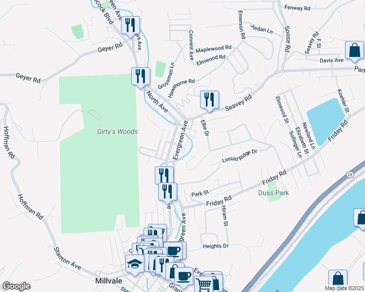 map of restaurants, bars, coffee shops, grocery stores, and more near 906 North Avenue in Millvale