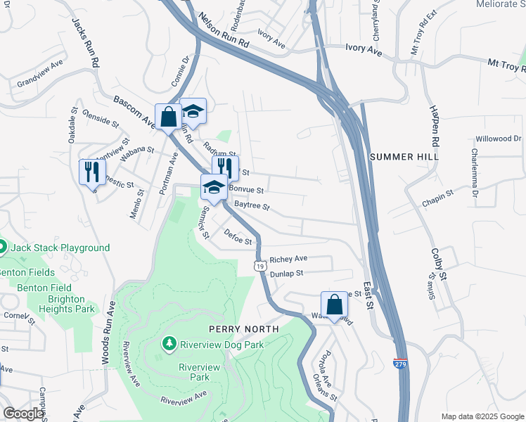 map of restaurants, bars, coffee shops, grocery stores, and more near 3814 Baytree Street in Pittsburgh