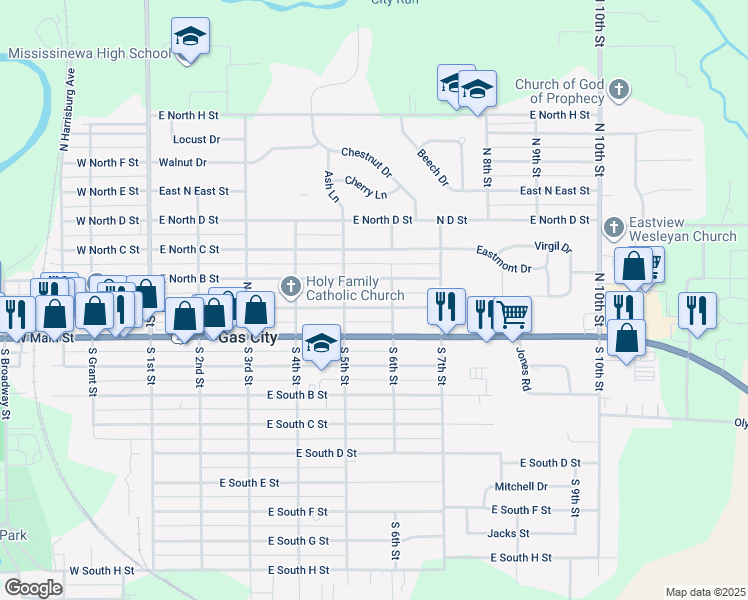 map of restaurants, bars, coffee shops, grocery stores, and more near 528 East N B Street in Gas City